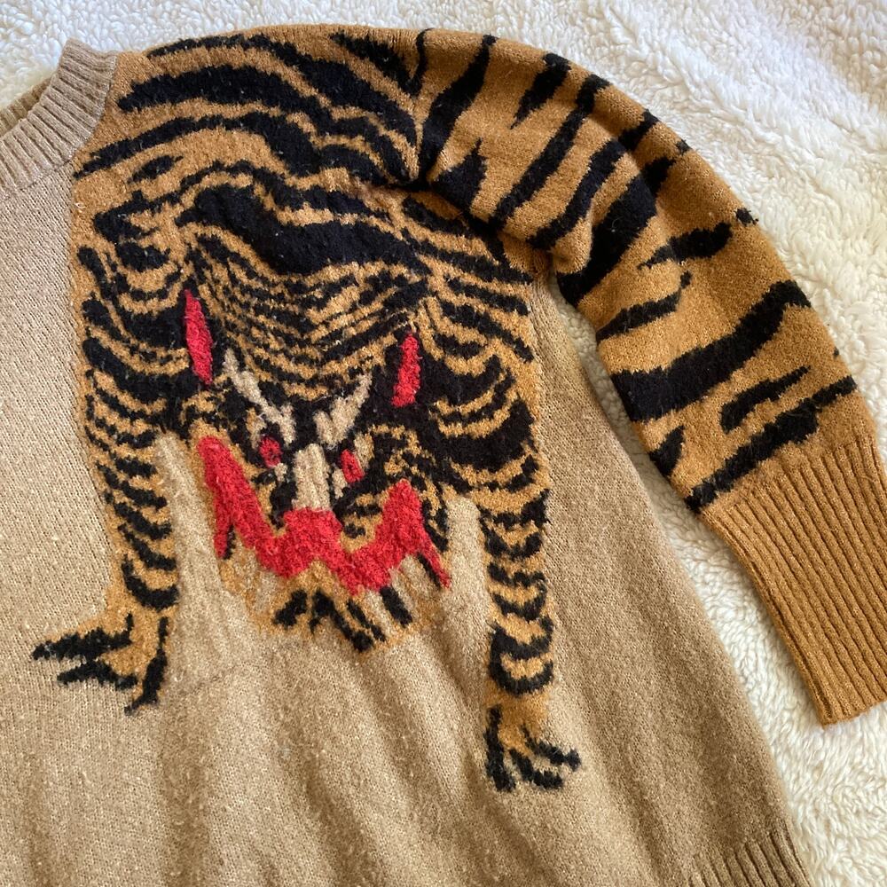 Animal Print Tiger Sweater Womens Large Wool Blend Crew Stretch Asian CI Sono - Picture 2 of 11